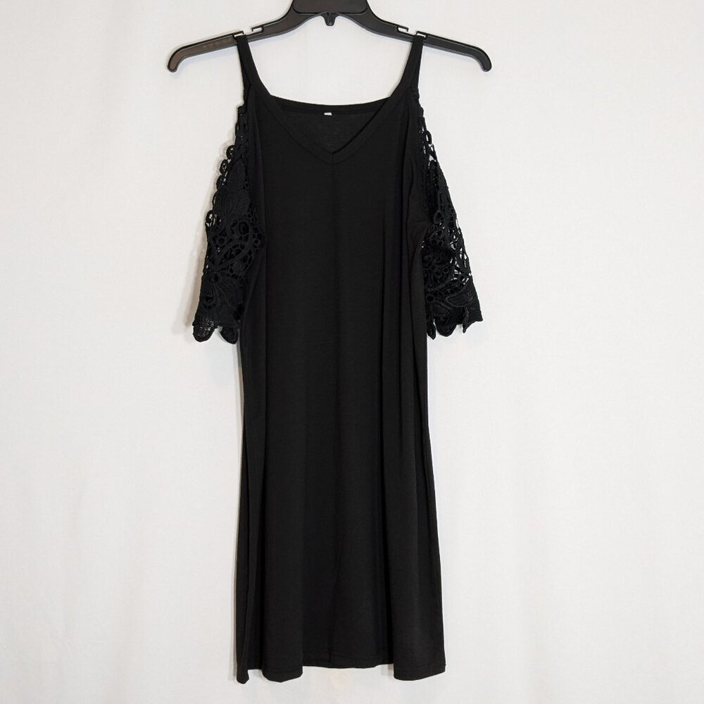 Black Cold Shoulder Short Lace Sleeves Knee Length Knit Pencil Dress; Size L